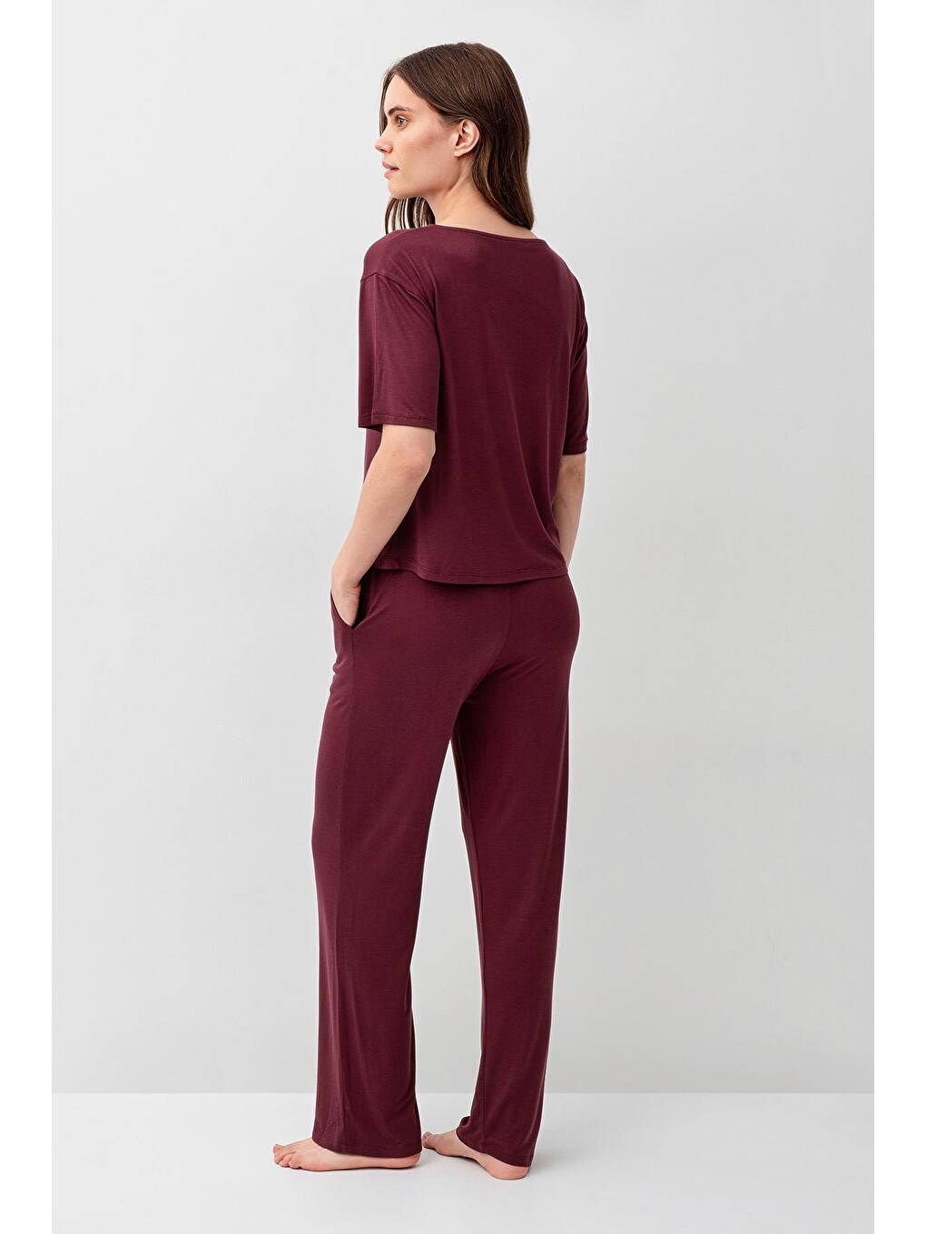 Bordo Kısa Kollu Basic Esnek Elastanlı Viskoz Soft Pijama Takım 18215-6