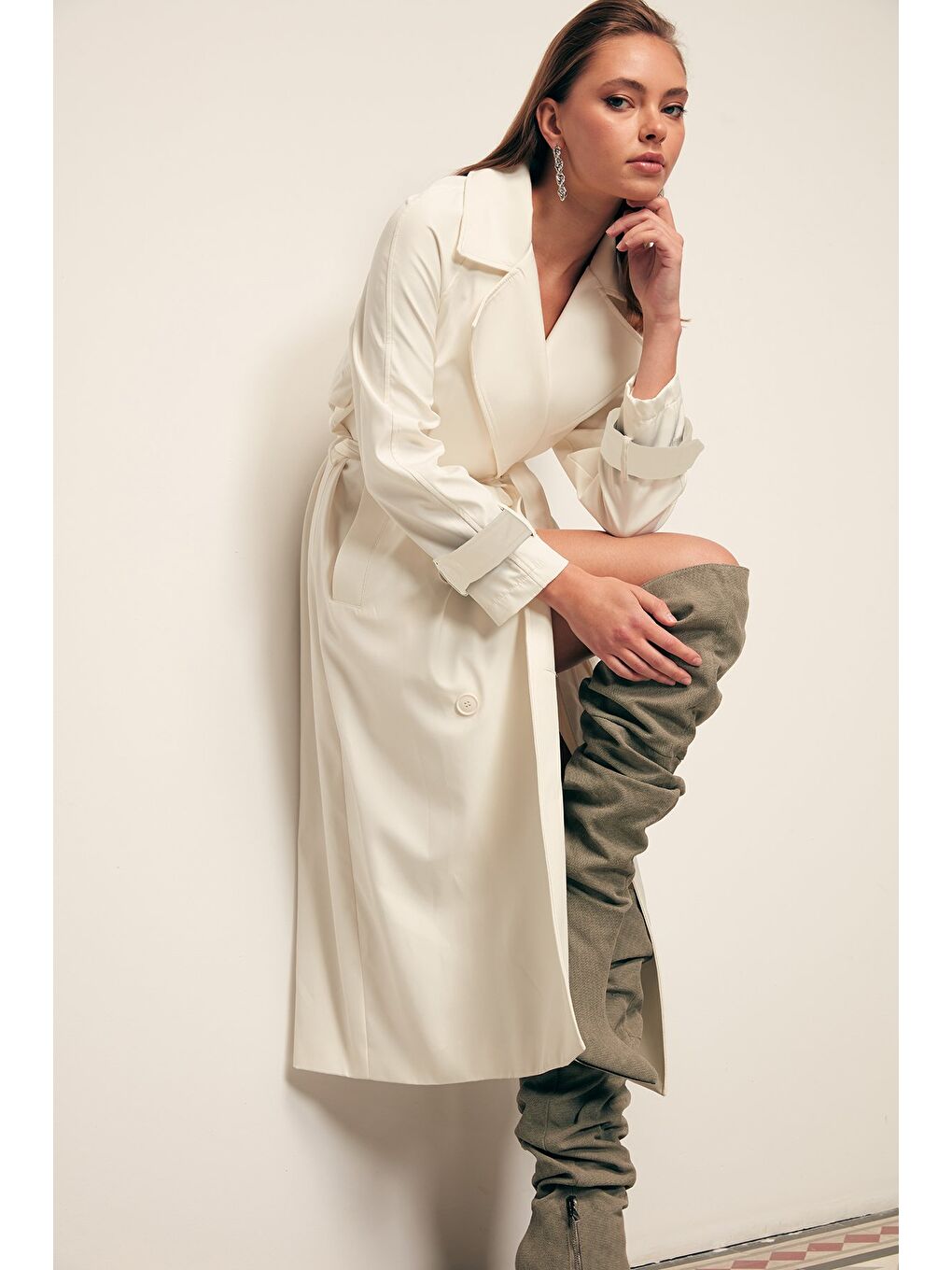 Kuşaklı Uzun Trenç - Ekru-4