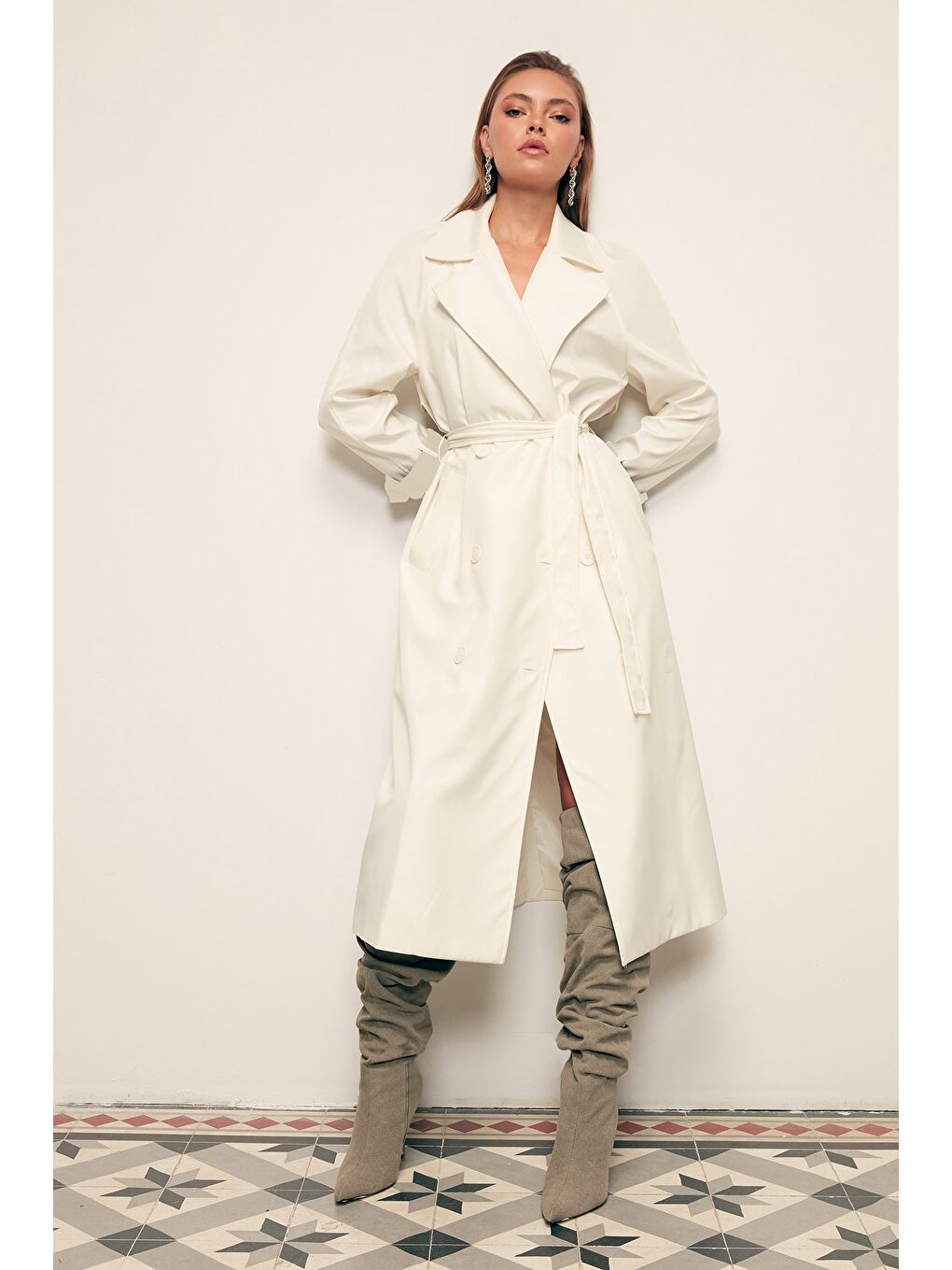 Kuşaklı Uzun Trenç - Ekru-5