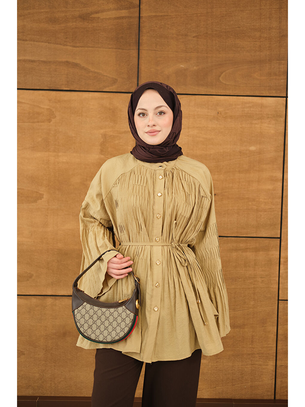 Kadın Martha Düğmeli Belden Bağlamalı Gömlek Yağ Yeşil-3