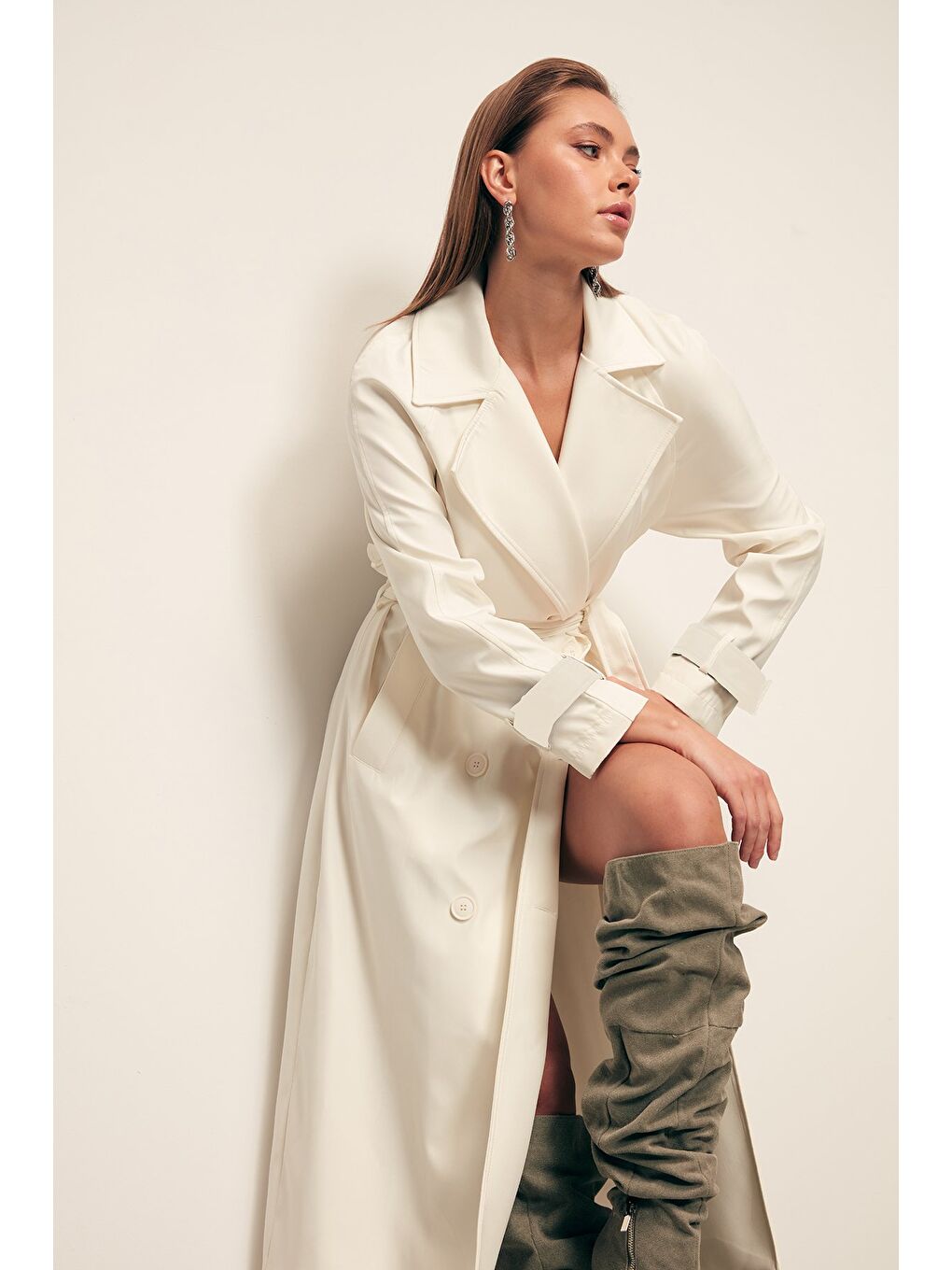 Kuşaklı Uzun Trenç - Ekru-6