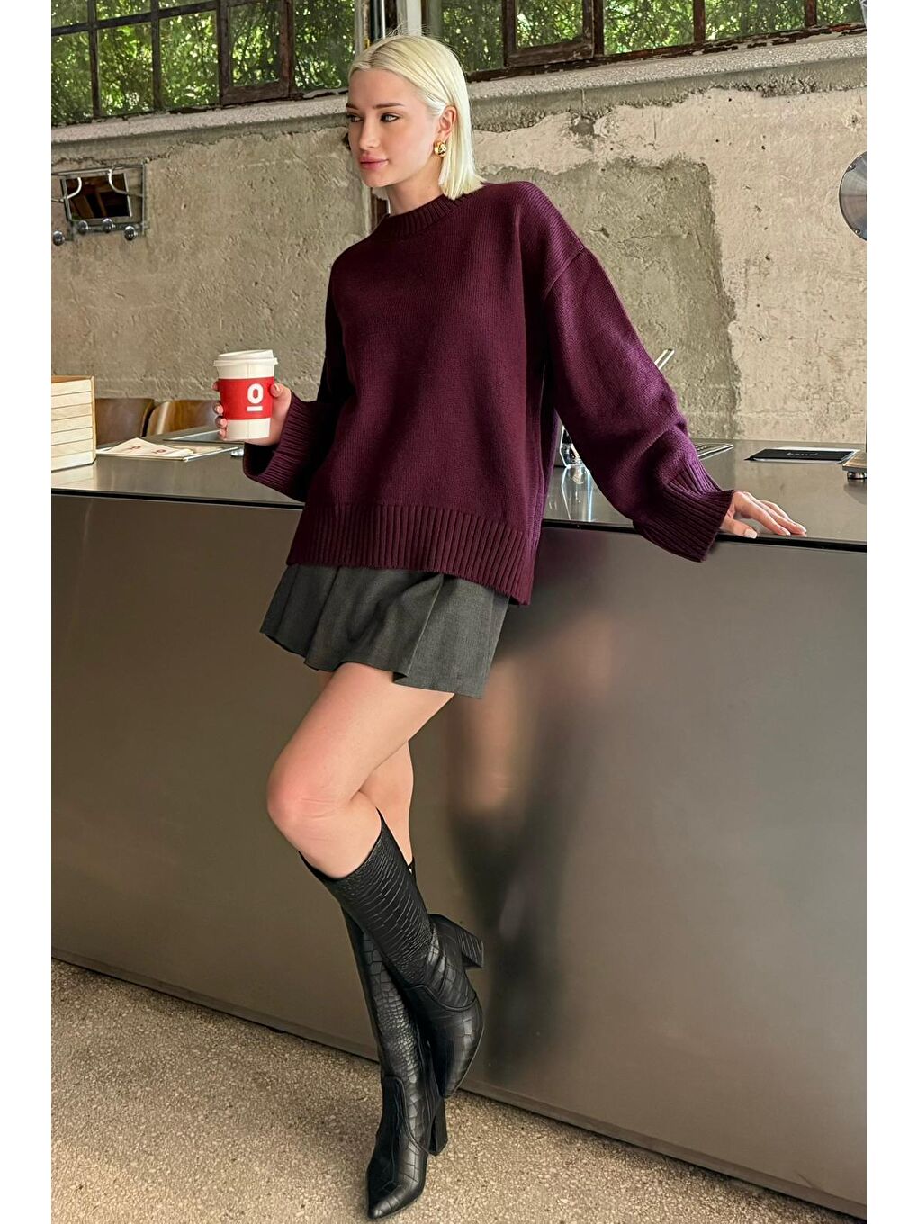 Mürdüm Bisiklet Yaka Oversize Triko Kazak Mg1972-8