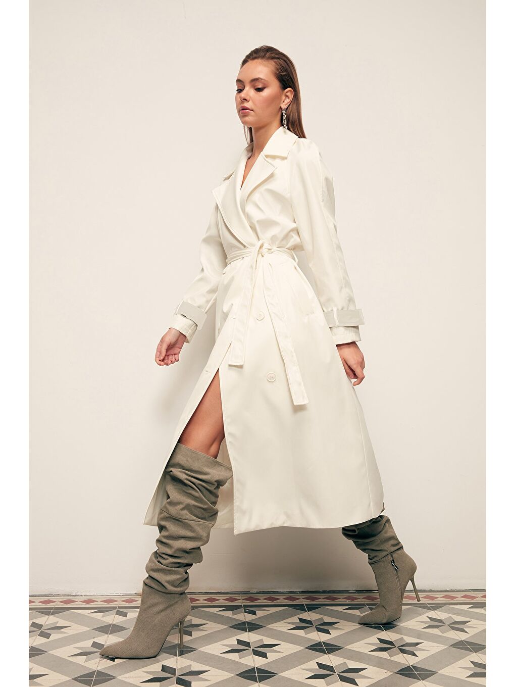 Kuşaklı Uzun Trenç - Ekru-7