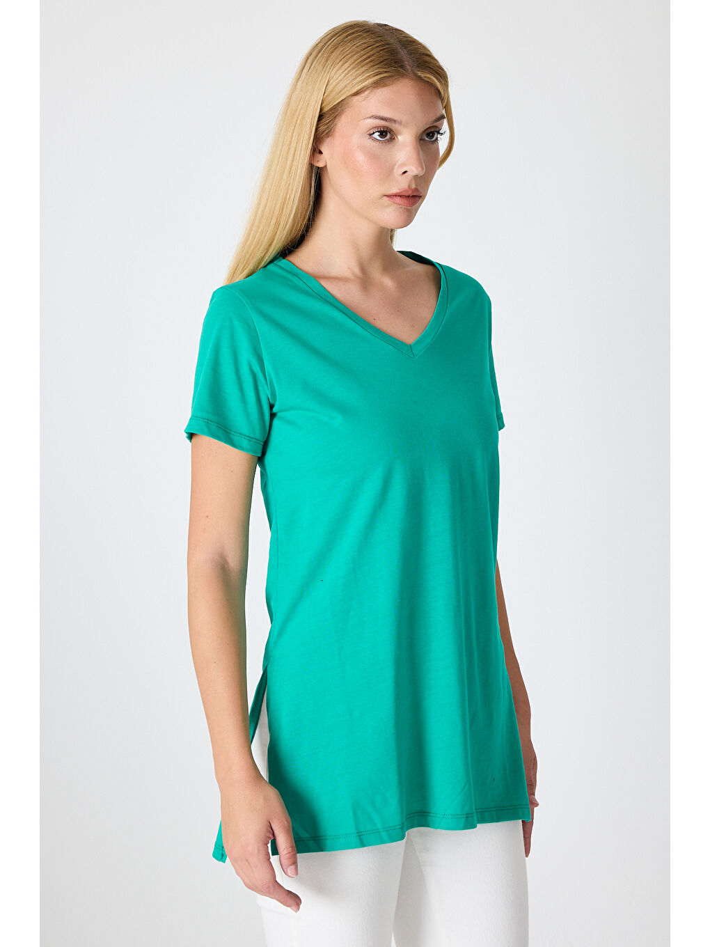 Yeşil Kadın Uzun V Yaka Tunik 2998-1