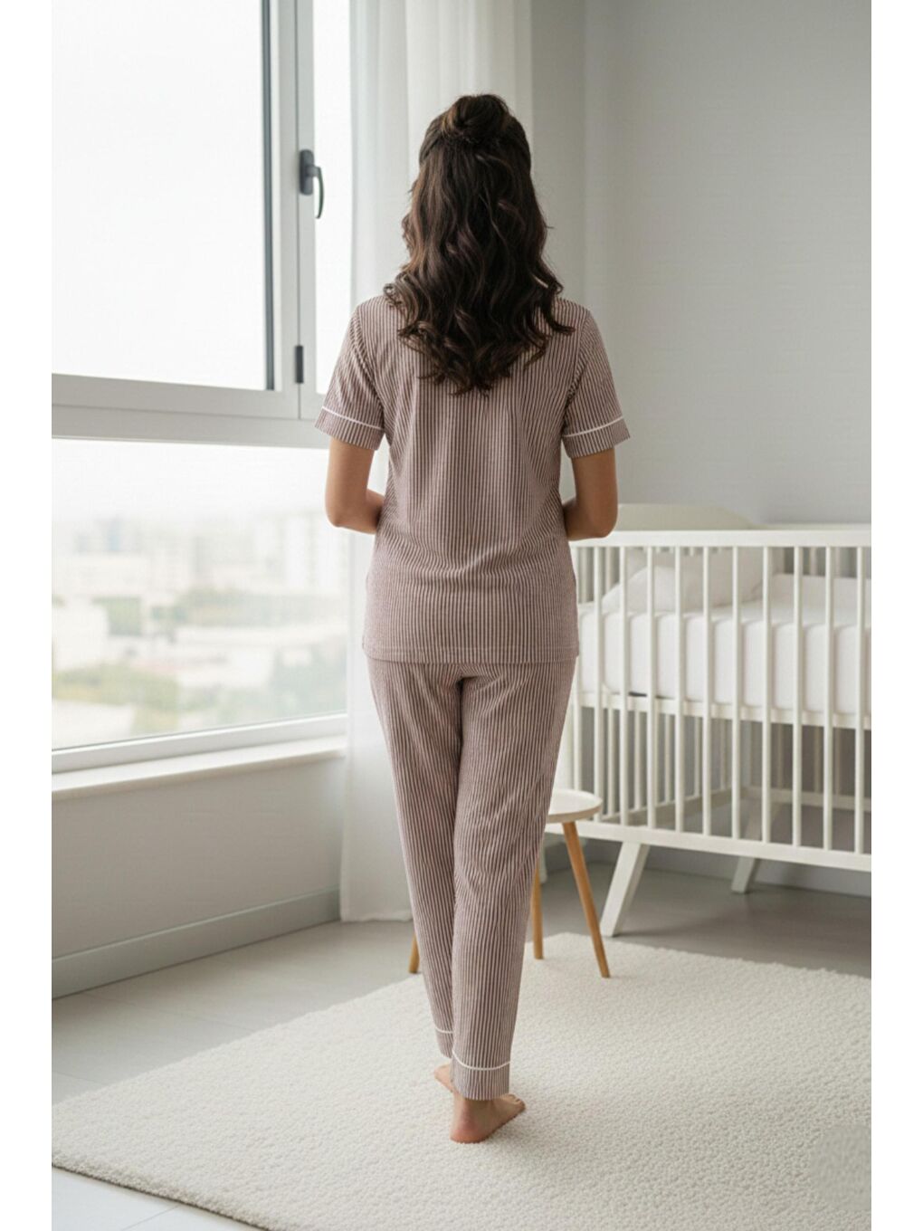 Bordo Pure Comfort Önden Düğmeli Gömlek Yaka Çizgili Kısa Kol Hamile ve Lohusa Pijama Takımı-1