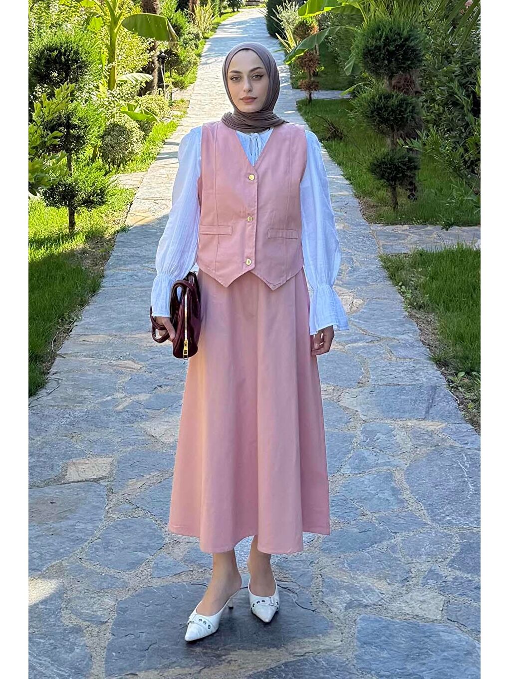 Pembe Gabardin Yelek-Etek İkili Tesettür Takım Pudra