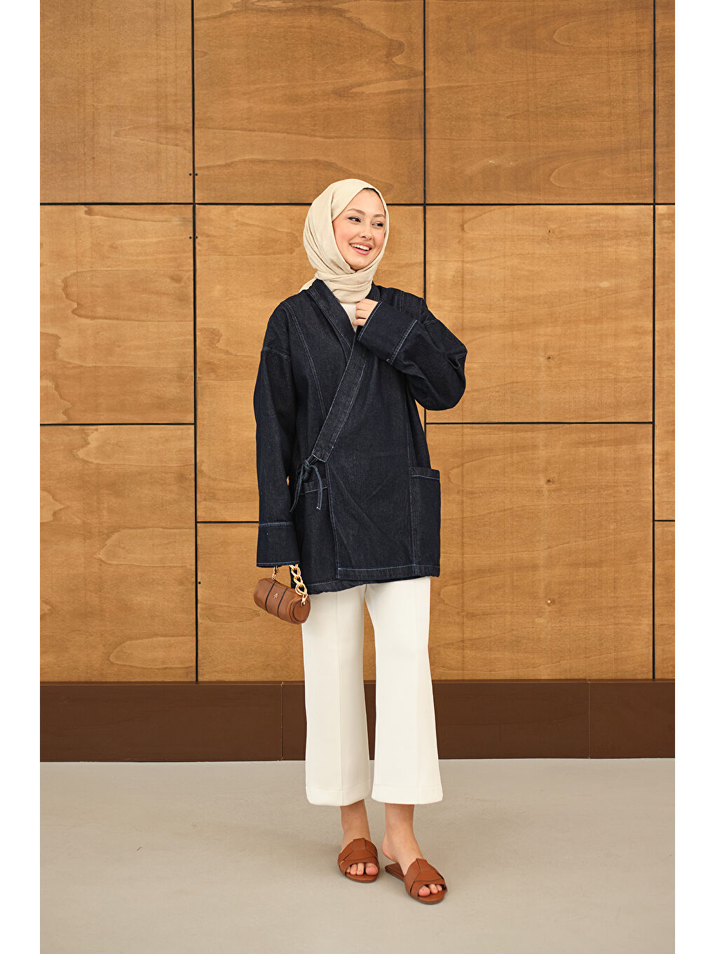 Kadın Yandan Bağlamalı Jean Kimono Lacivert-1