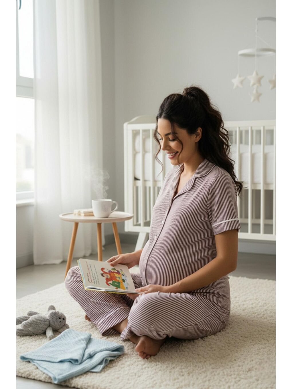 Bordo Pure Comfort Önden Düğmeli Gömlek Yaka Çizgili Kısa Kol Hamile ve Lohusa Pijama Takımı-2