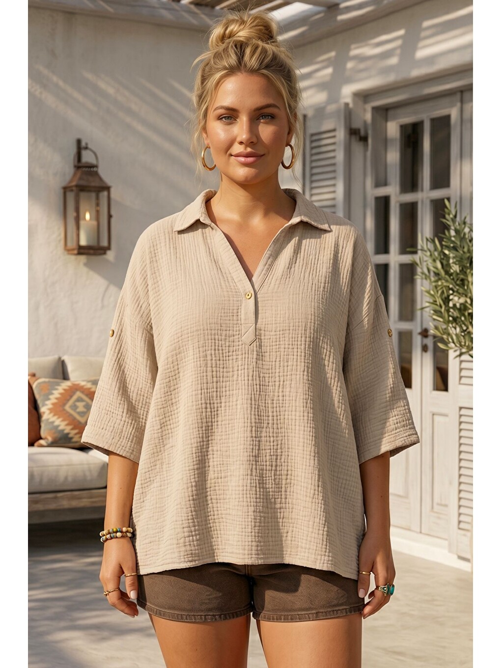 Bej Gömlek Yaka Düğmeli 3/4 Kol Casual Müslin Oversize Dokuma Bluz 67 65