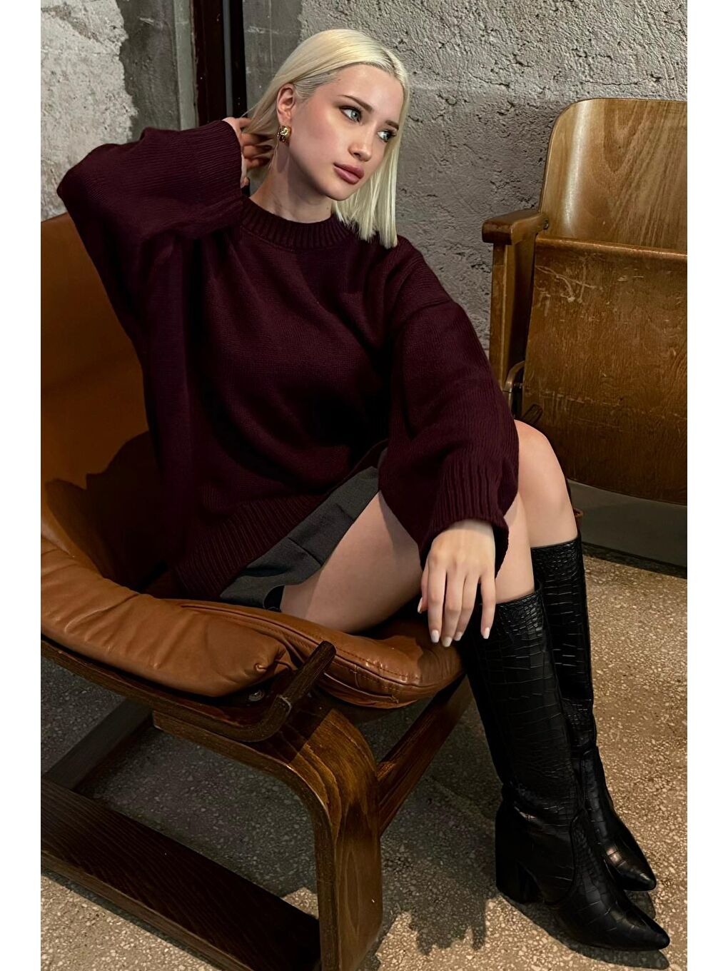 Mürdüm Bisiklet Yaka Oversize Triko Kazak Mg1972-9