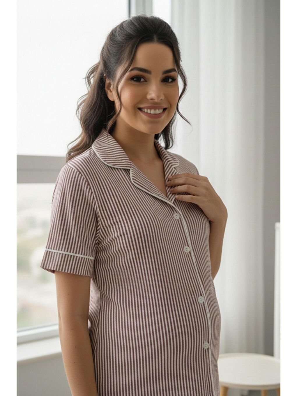 Bordo Pure Comfort Önden Düğmeli Gömlek Yaka Çizgili Kısa Kol Hamile ve Lohusa Pijama Takımı-3