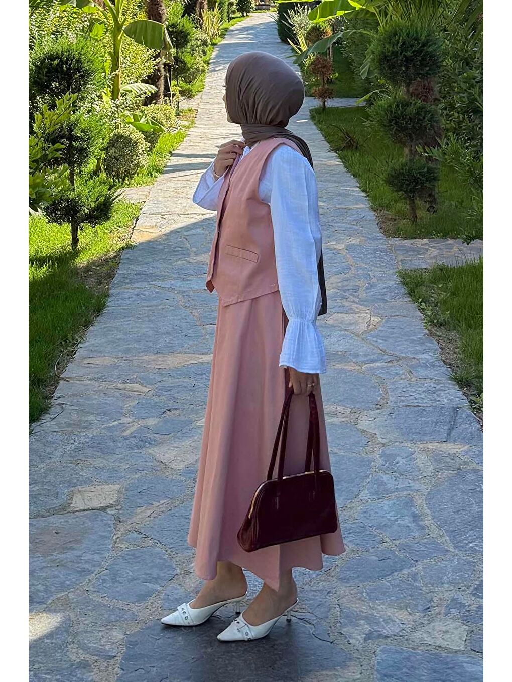 Pembe Gabardin Yelek-Etek İkili Tesettür Takım Pudra-1