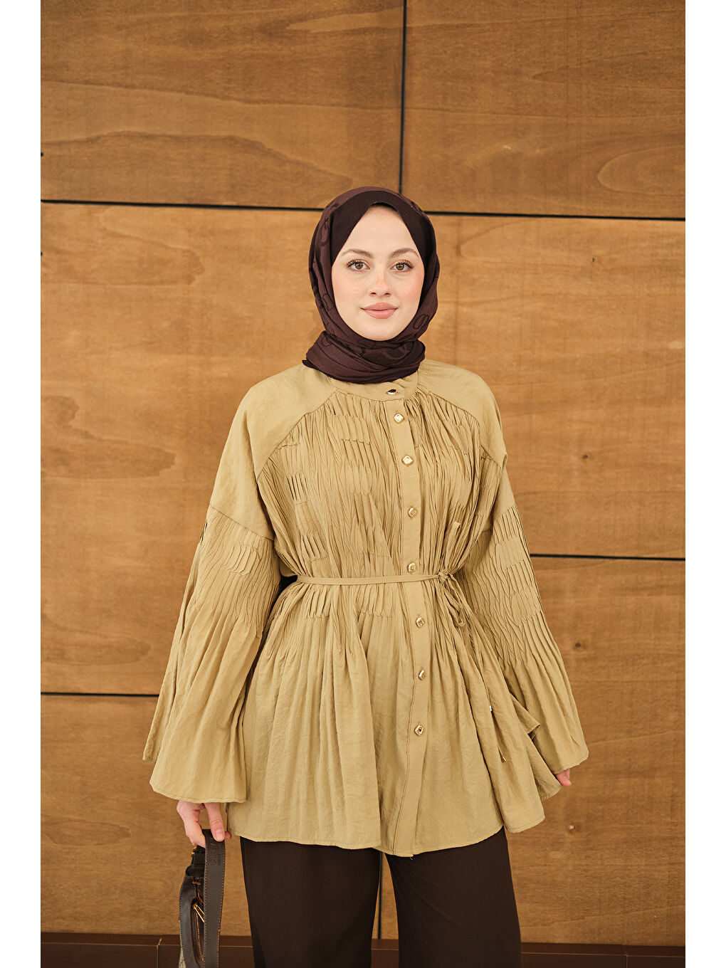 Kadın Martha Düğmeli Belden Bağlamalı Gömlek Yağ Yeşil-4