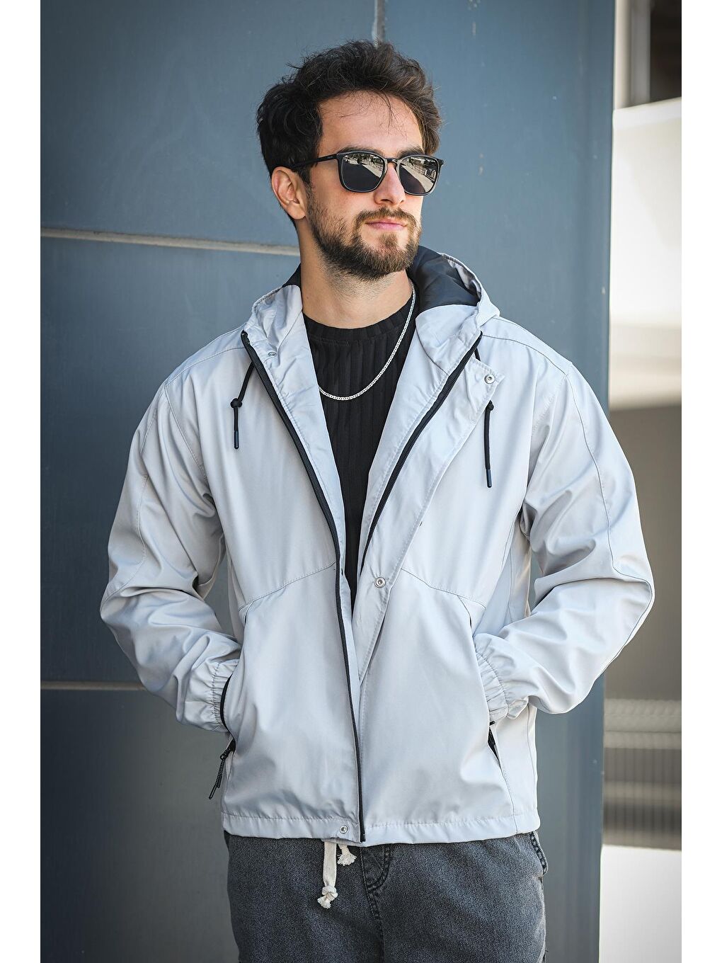 Gri Barky Suya Dayanaklı Fermuar Detaylı Astarlı Erkek Kapüşonlu Mevsimlik Mont Yağmurluk-1