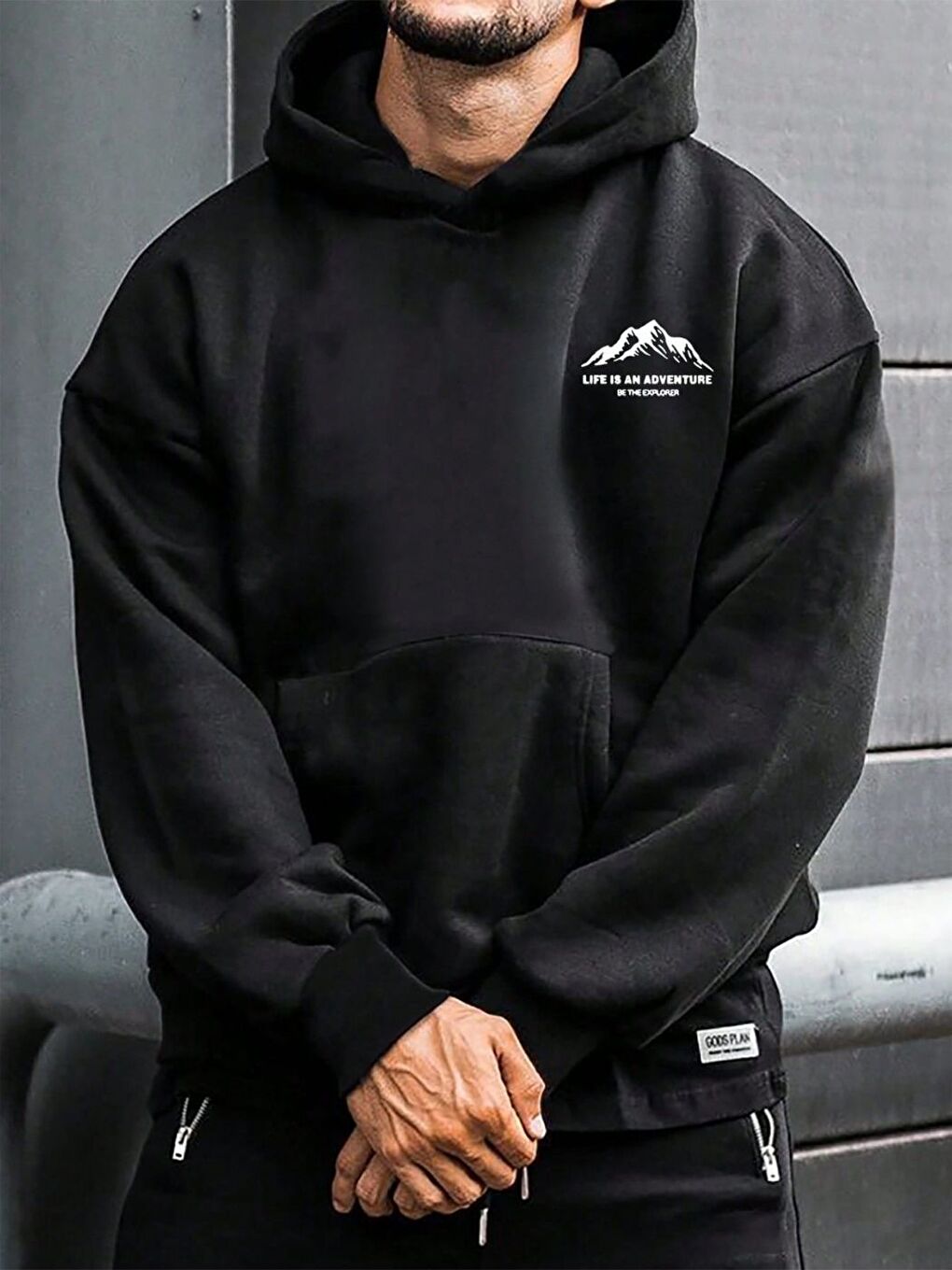 Siyah Life is an Adventure Baskılı Oversize Kapüşonlu Sweatshirt Uzun Kollu Hoodie-1