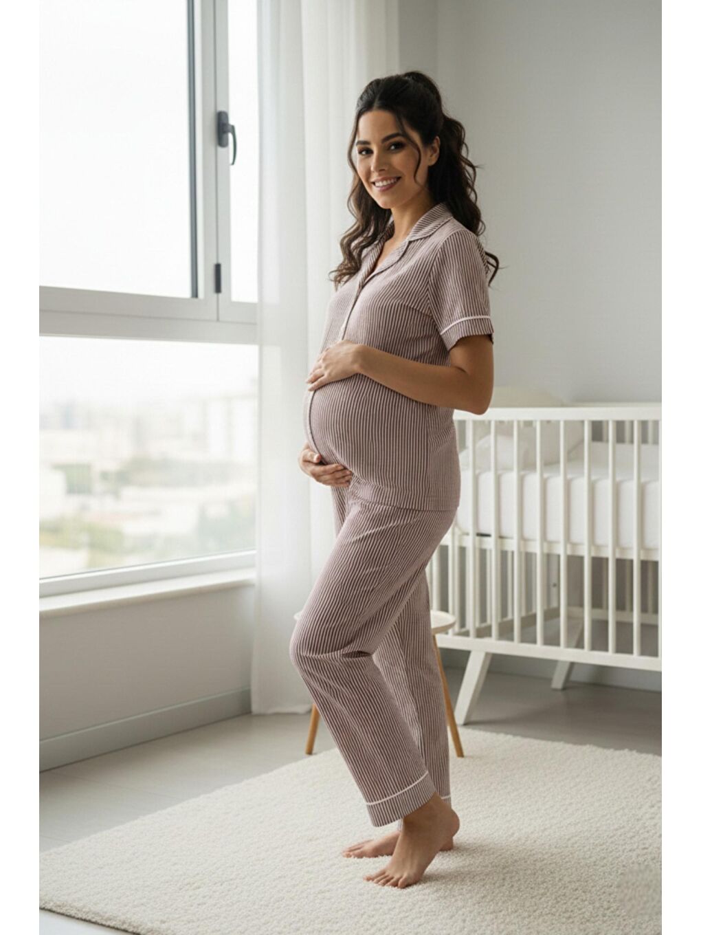 Bordo Pure Comfort Önden Düğmeli Gömlek Yaka Çizgili Kısa Kol Hamile ve Lohusa Pijama Takımı-4