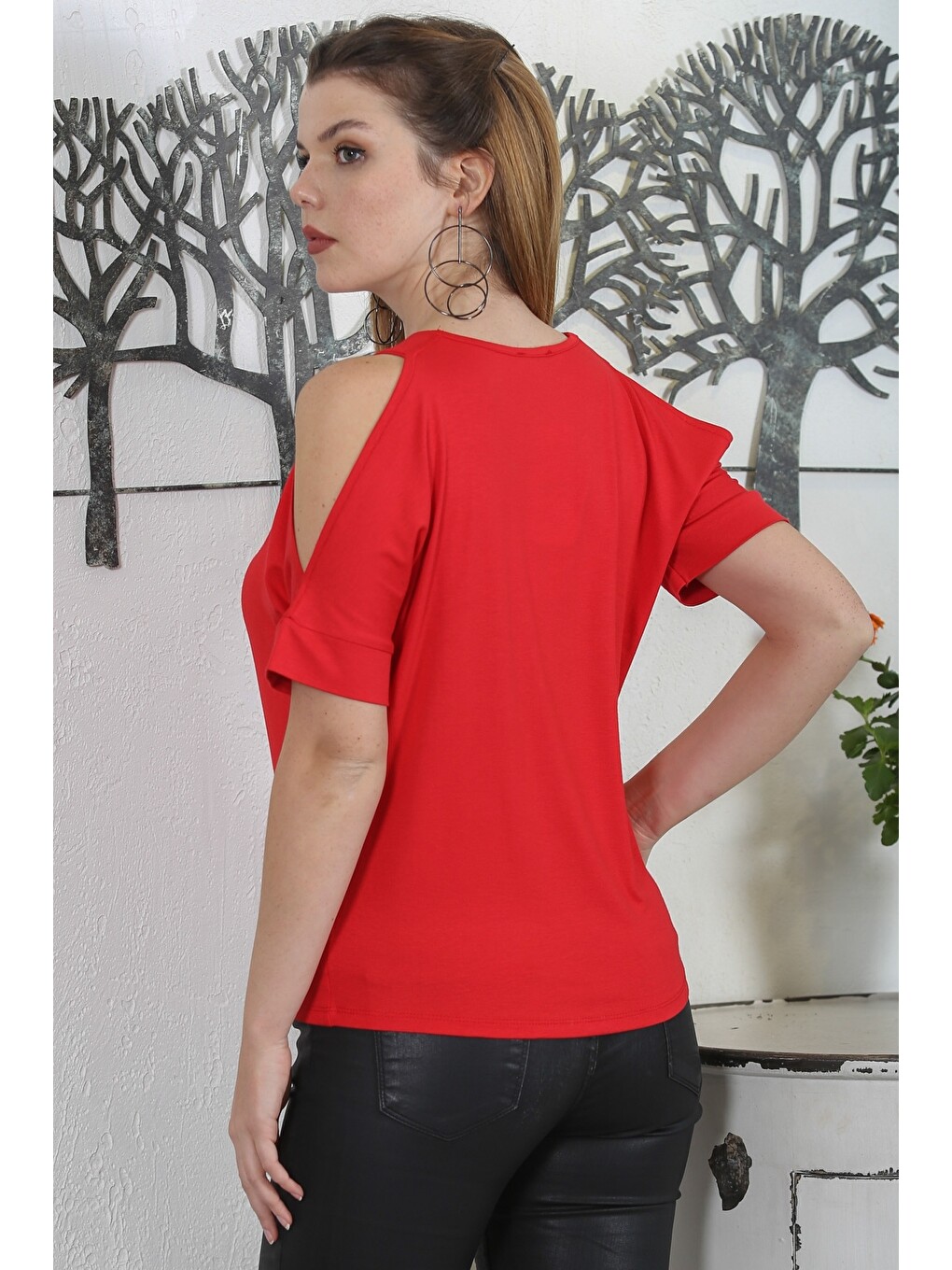 Kırmızı V Yaka Omzu Açık Örme Casual Bluz-5