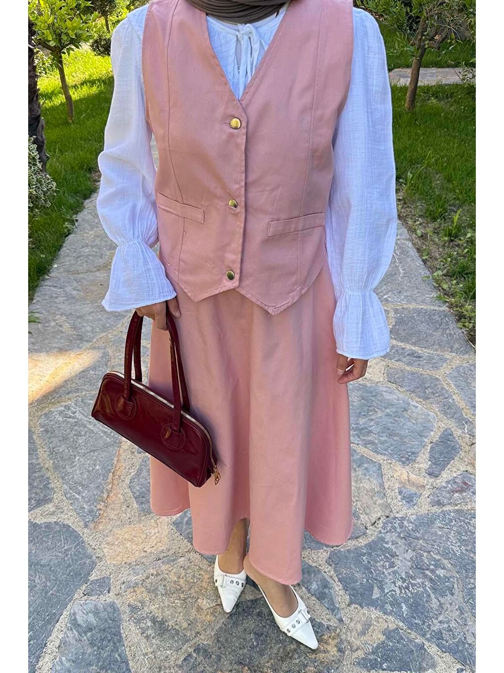 Pembe Gabardin Yelek-Etek İkili Tesettür Takım Pudra-2