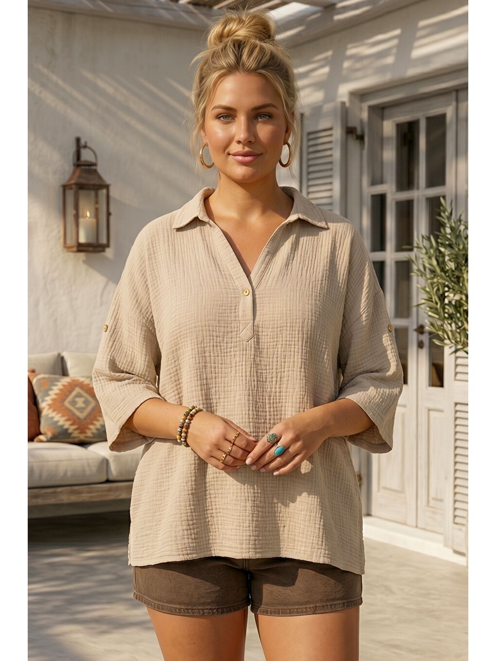 Bej Gömlek Yaka Düğmeli 3/4 Kol Casual Müslin Oversize Dokuma Bluz 67 65-2