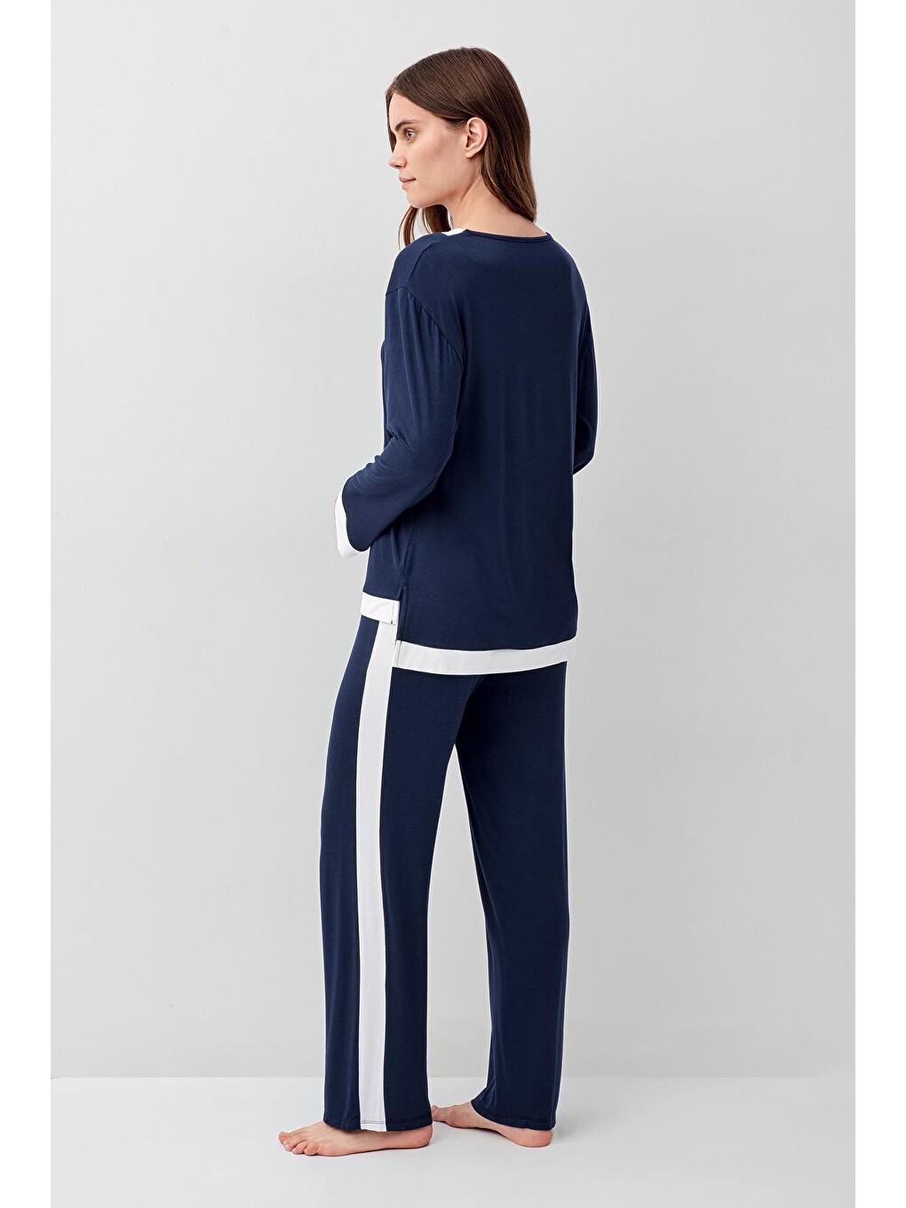 Lacivert Uzun Kollu Basic Esnek Elastanlı Viskoz Soft Pijama Takım 18209-4