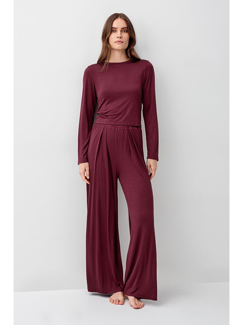 Bordo Uzun Kollu Crop Bol Paça Esnek Elastanlı Viskoz Soft Pijama Takım 18210