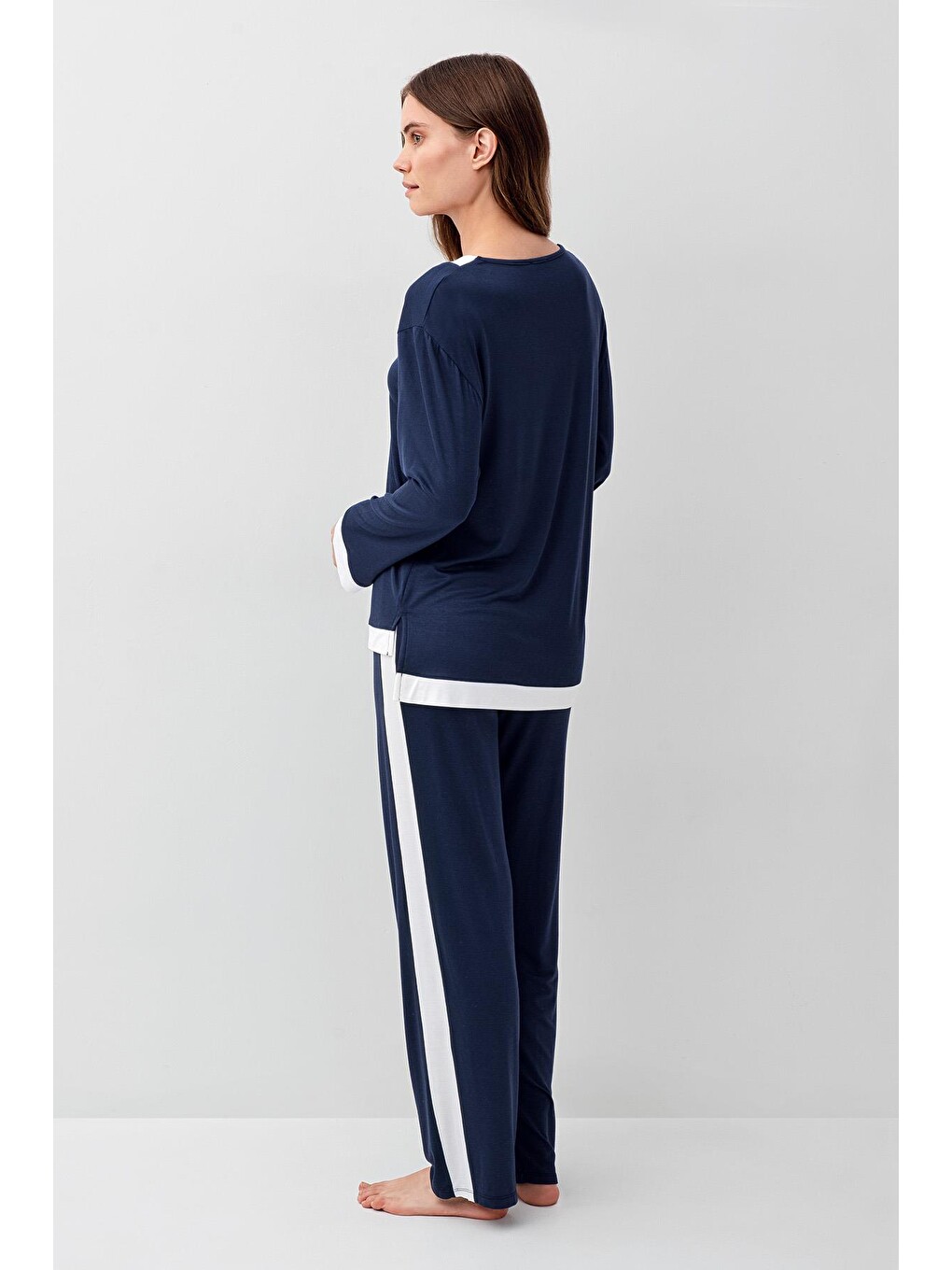 Lacivert Uzun Kollu Basic Esnek Elastanlı Viskoz Soft Pijama Takım 18209-5