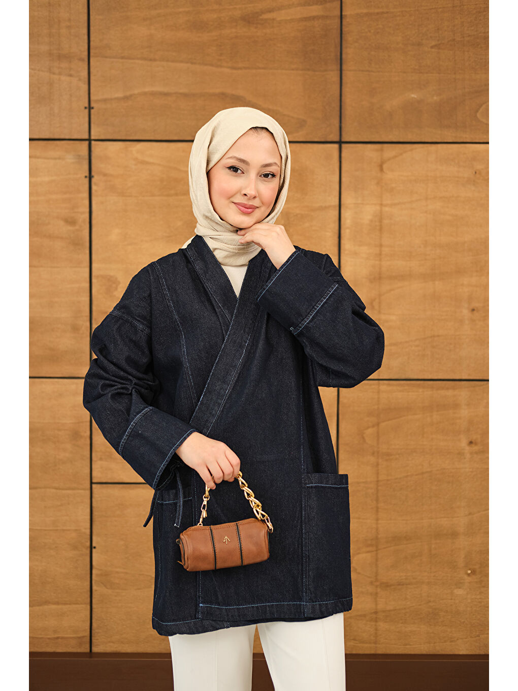 Kadın Yandan Bağlamalı Jean Kimono Lacivert-2