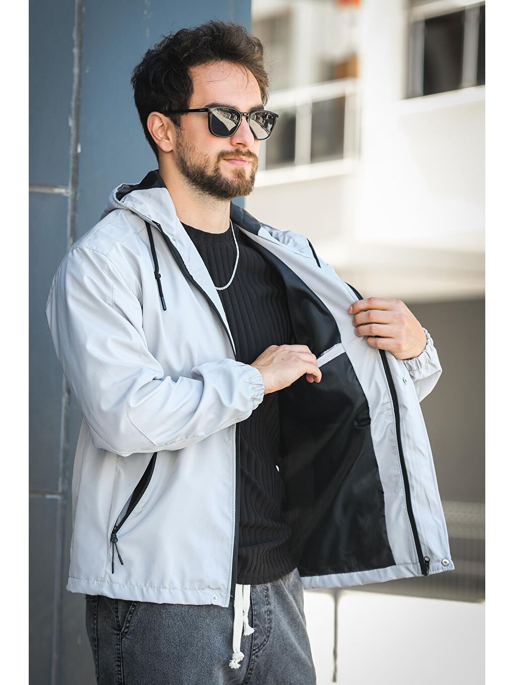 Gri Barky Suya Dayanaklı Fermuar Detaylı Astarlı Erkek Kapüşonlu Mevsimlik Mont Yağmurluk-2