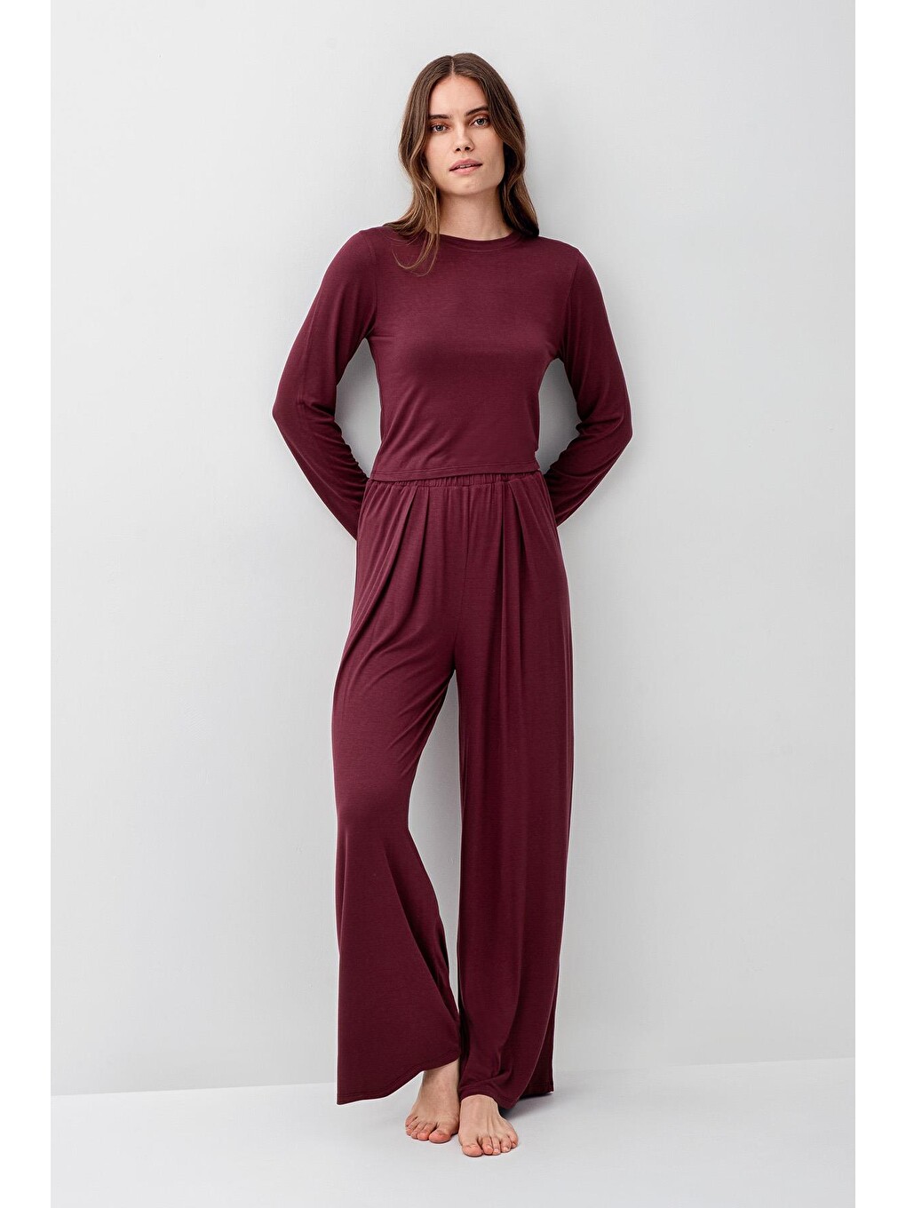 Bordo Uzun Kollu Crop Bol Paça Esnek Elastanlı Viskoz Soft Pijama Takım 18210-1