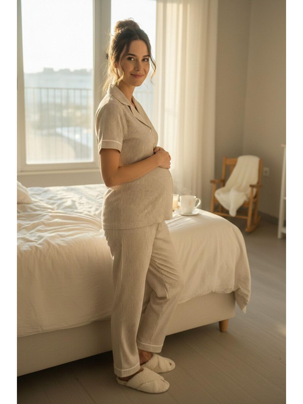 Bej Pure Comfort Önden Düğmeli Gömlek Yaka Çizgili Kısa Kol Hamile ve Lohusa Pijama Takımı-2