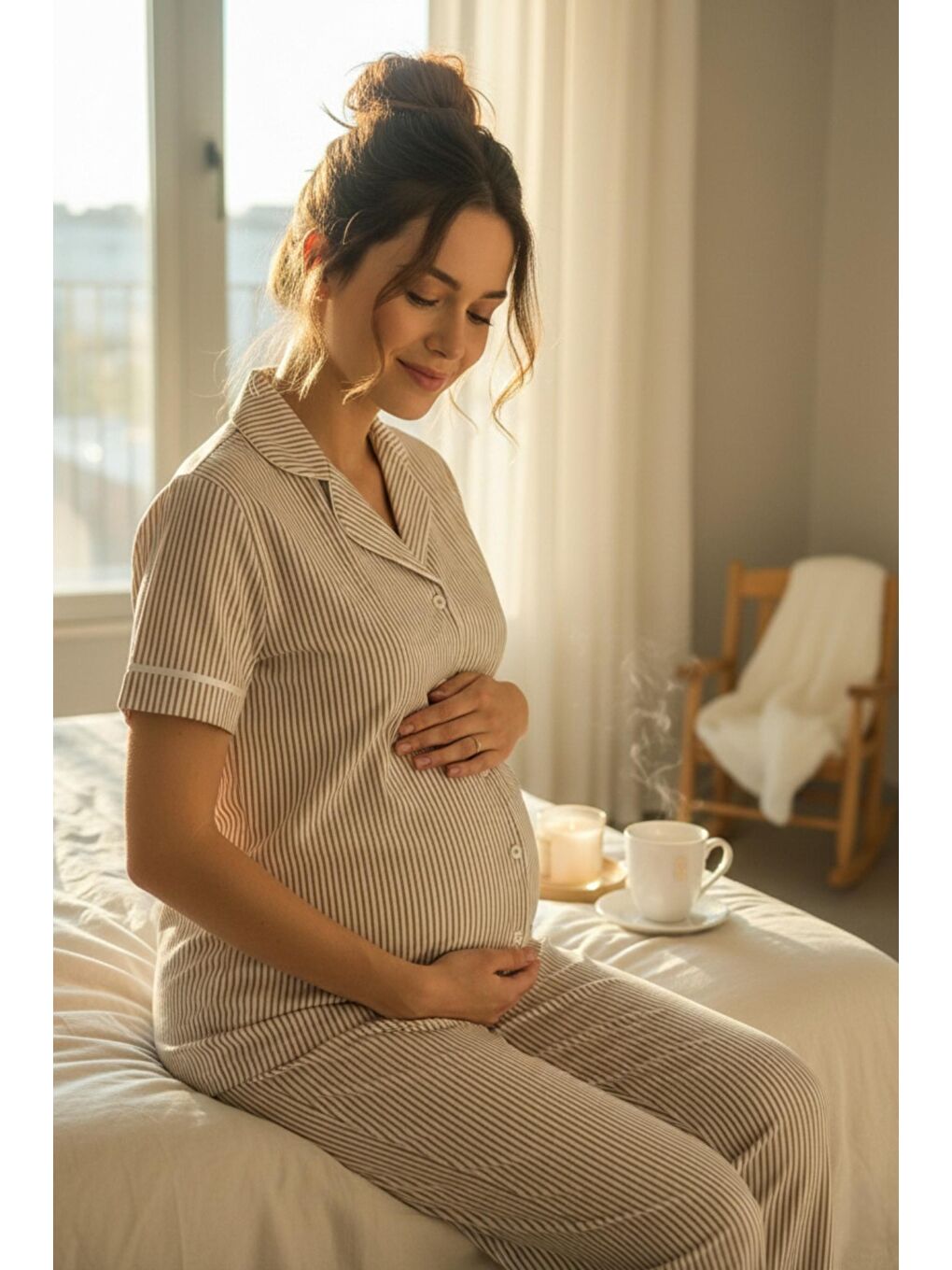 Bej Pure Comfort Önden Düğmeli Gömlek Yaka Çizgili Kısa Kol Hamile ve Lohusa Pijama Takımı-3