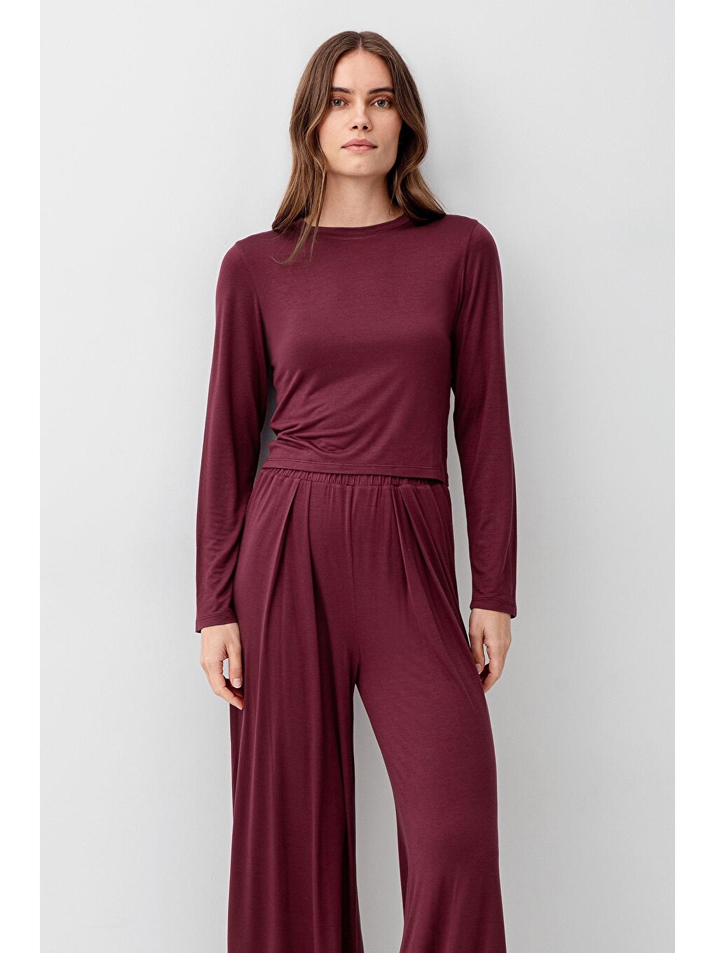 Bordo Uzun Kollu Crop Bol Paça Esnek Elastanlı Viskoz Soft Pijama Takım 18210-2