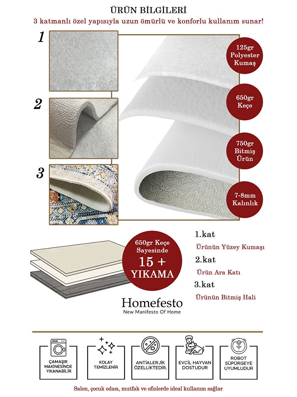 Ekru Dekoratif Salon Halısı, Makinada Yıkanabilir, Kaymaz Taban, İnce & Modern Tasarım-5