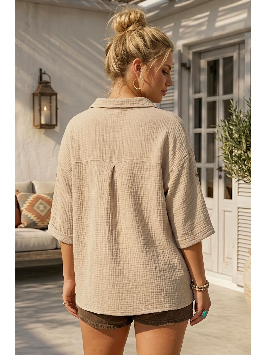 Bej Gömlek Yaka Düğmeli 3/4 Kol Casual Müslin Oversize Dokuma Bluz 67 65-6