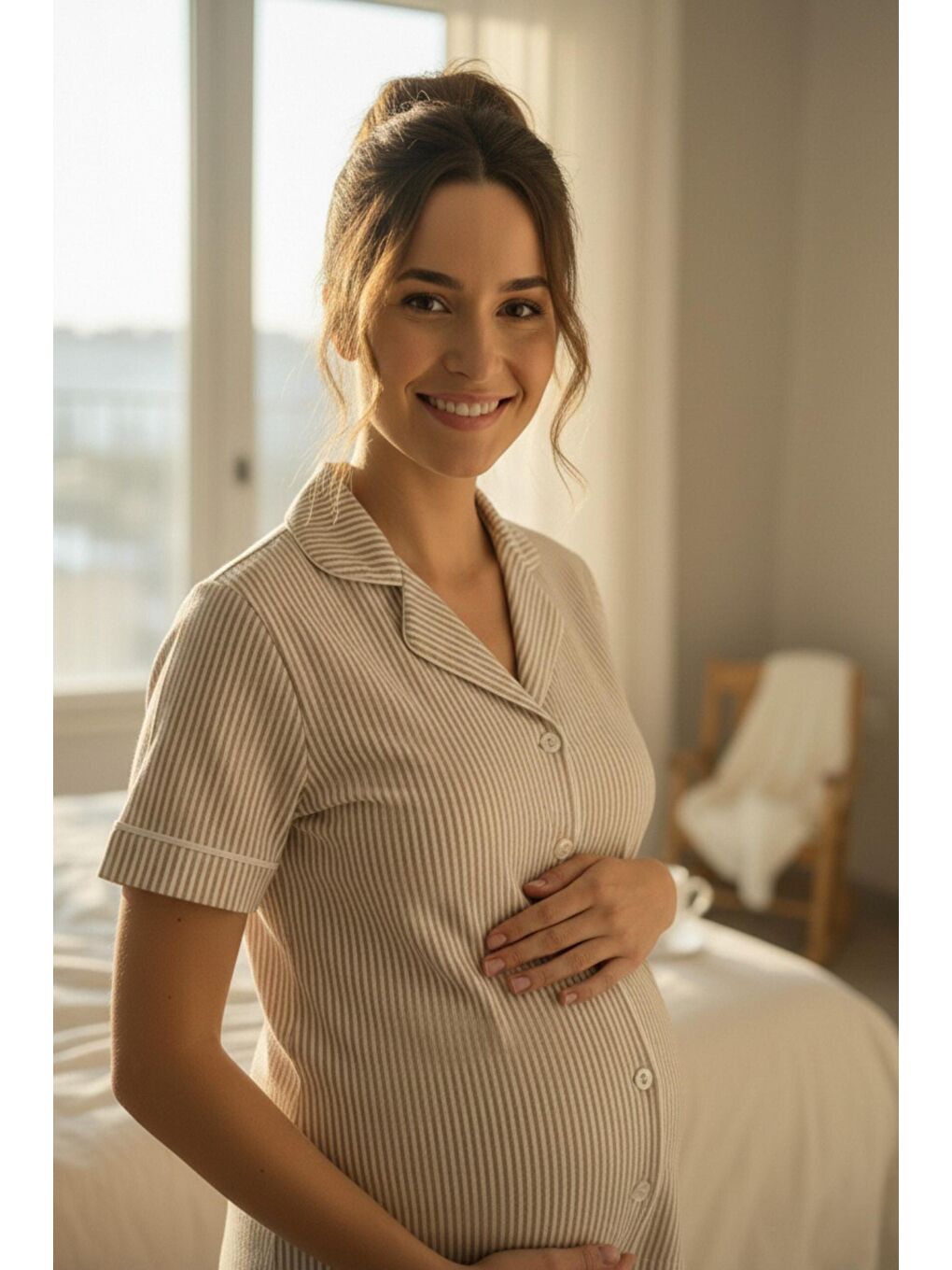 Bej Pure Comfort Önden Düğmeli Gömlek Yaka Çizgili Kısa Kol Hamile ve Lohusa Pijama Takımı-4