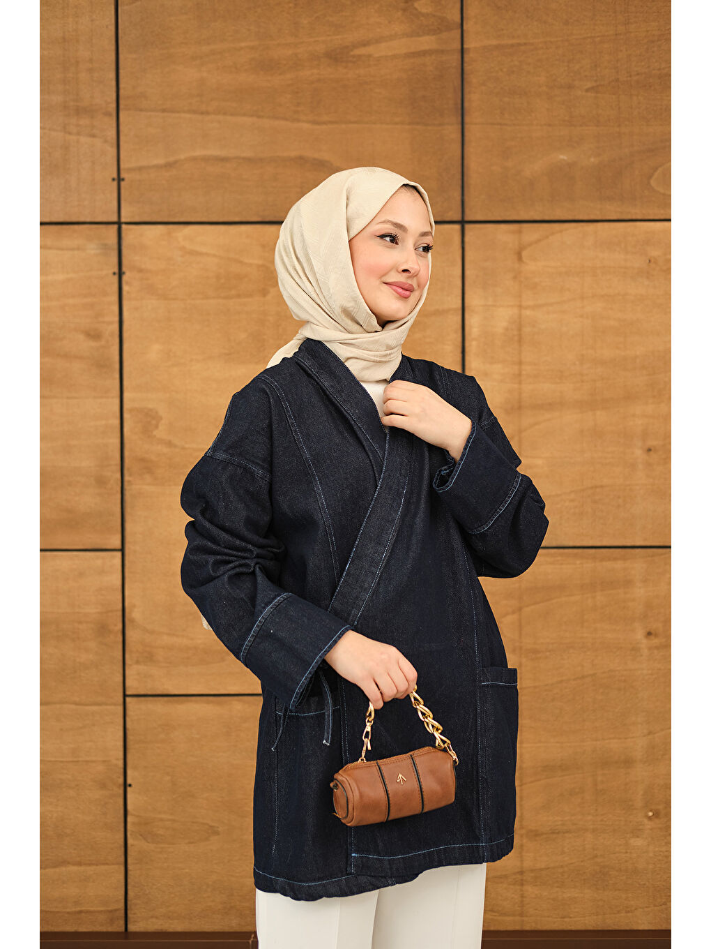 Kadın Yandan Bağlamalı Jean Kimono Lacivert-3