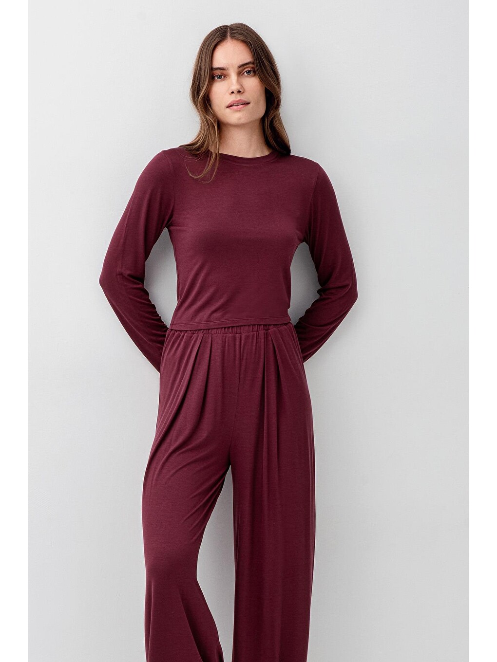 Bordo Uzun Kollu Crop Bol Paça Esnek Elastanlı Viskoz Soft Pijama Takım 18210-3