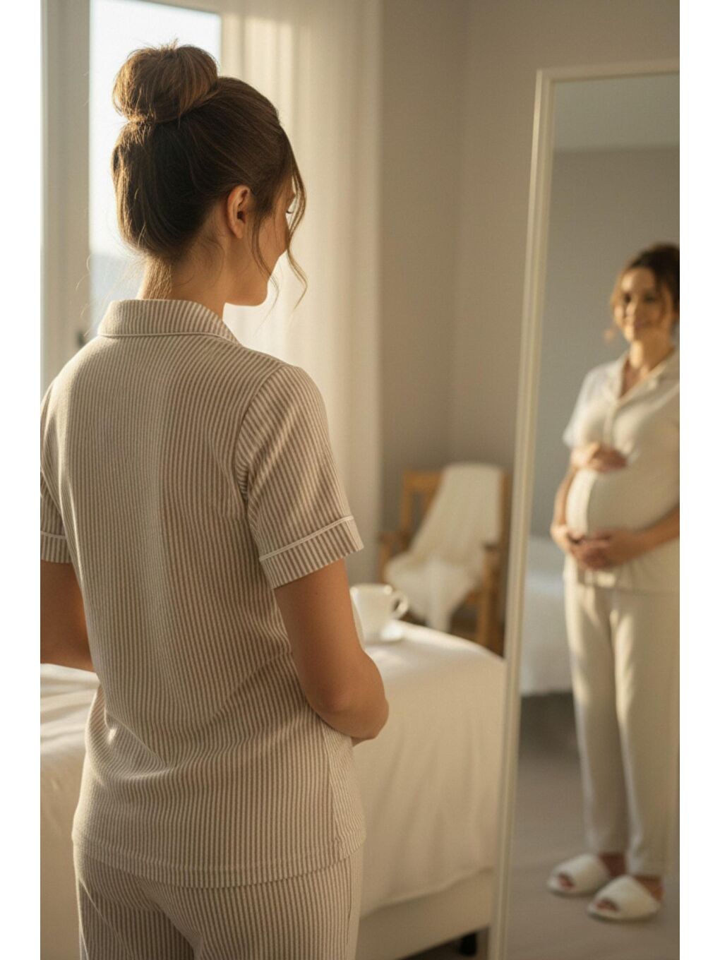 Bej Pure Comfort Önden Düğmeli Gömlek Yaka Çizgili Kısa Kol Hamile ve Lohusa Pijama Takımı-5