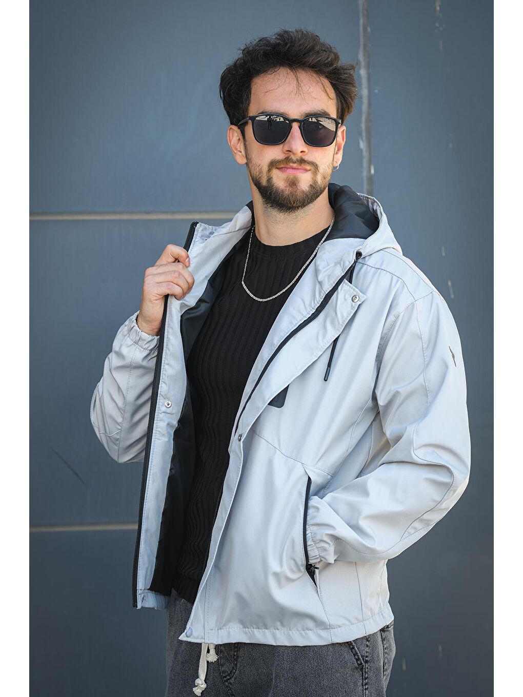 Gri Barky Suya Dayanaklı Fermuar Detaylı Astarlı Erkek Kapüşonlu Mevsimlik Mont Yağmurluk-3