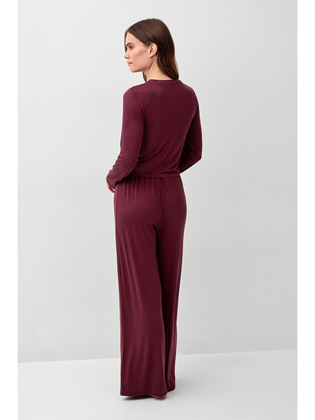 Bordo Uzun Kollu Crop Bol Paça Esnek Elastanlı Viskoz Soft Pijama Takım 18210-4