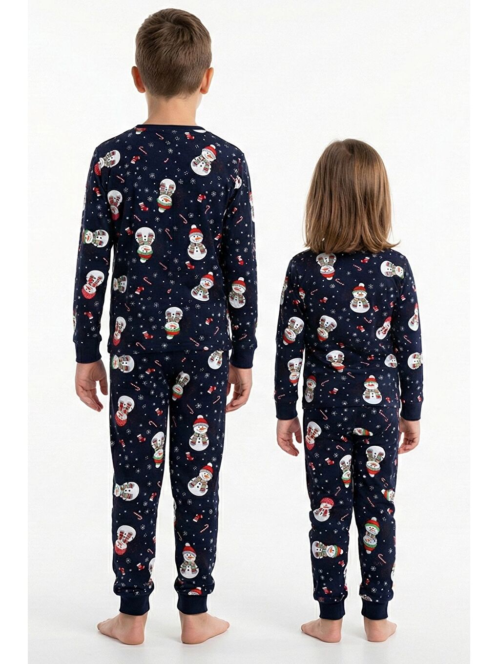 Lacivert Unisex Yılbaşı Kardan Adam Desenli Çocuk Pijama Takımı-6