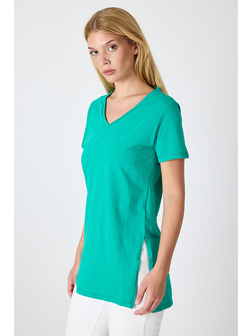 Yeşil Kadın Uzun V Yaka Tunik 2998-2