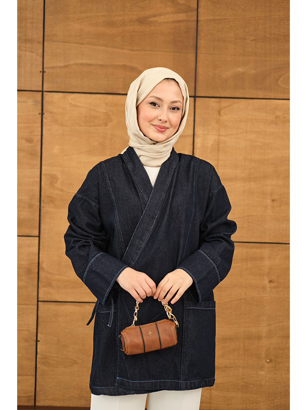 Kadın Yandan Bağlamalı Jean Kimono Lacivert-4