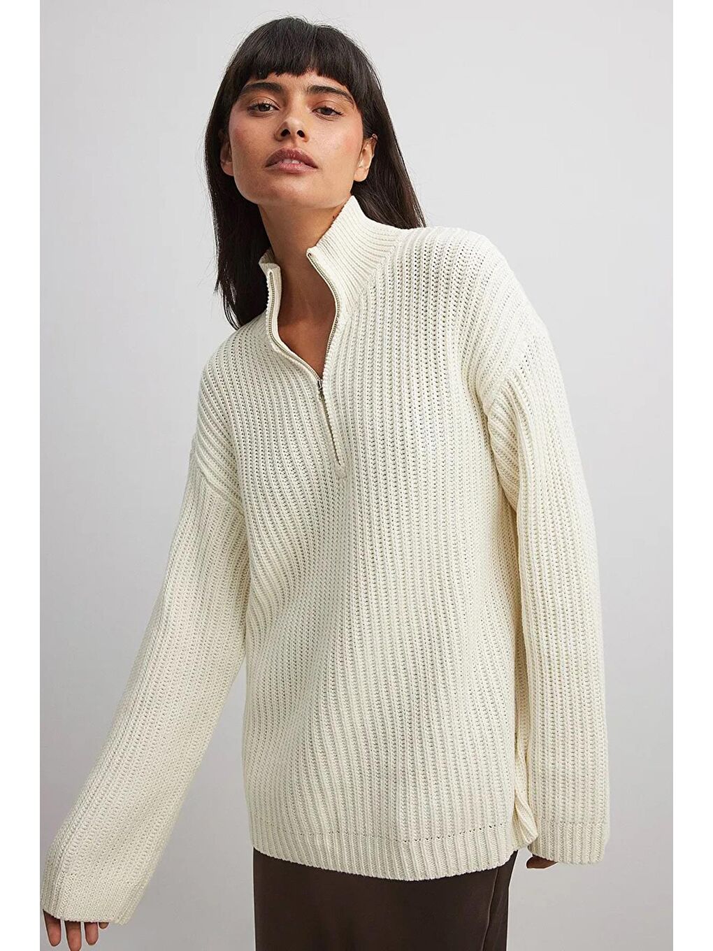 Beyaz Kemik Fermuar Yaka Basic Kazak Mg1960-1