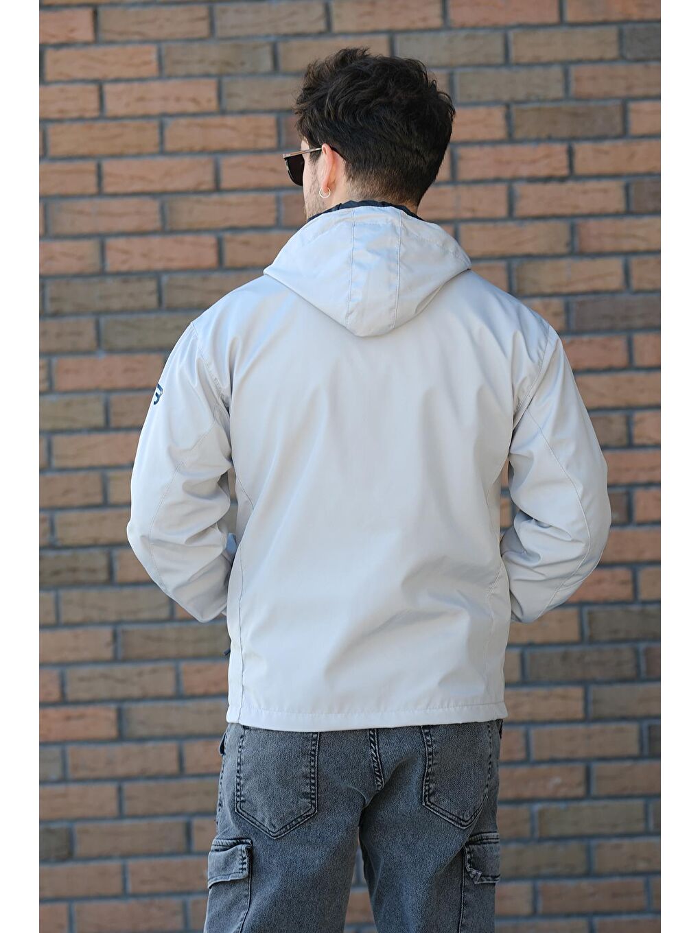 Gri Barky Suya Dayanaklı Fermuar Detaylı Astarlı Erkek Kapüşonlu Mevsimlik Mont Yağmurluk-4