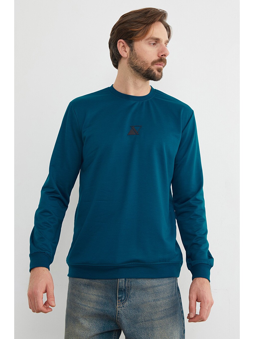 İndigo Üçgen Baskılı Bisiklet Yaka Sweatshirt-1