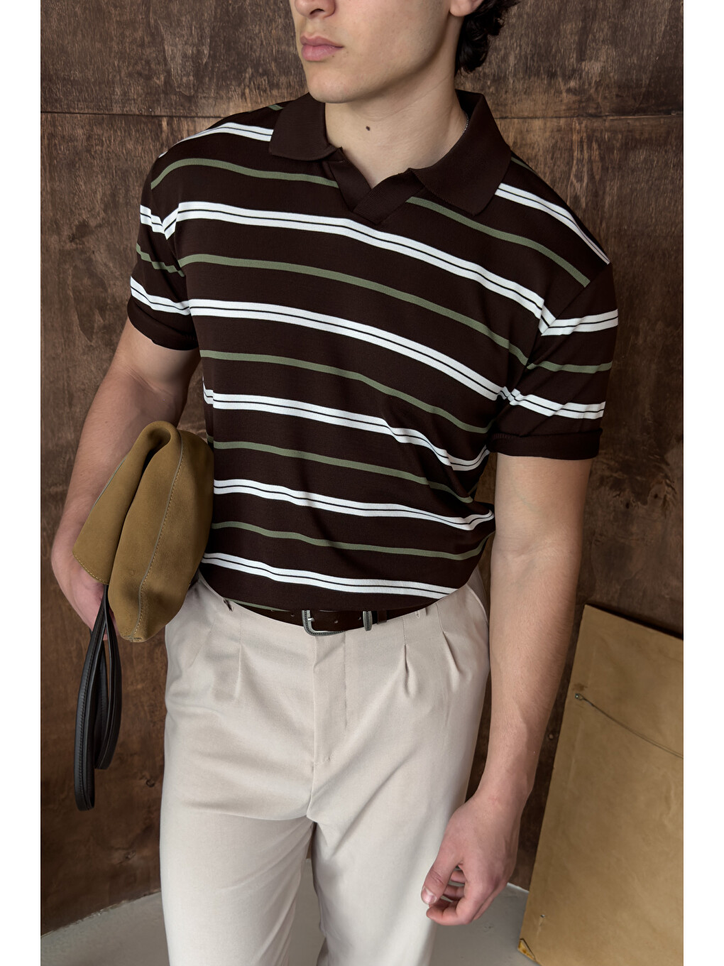 Kahverengi Erkek Polo Yaka Çizgili Triko T-shirt
