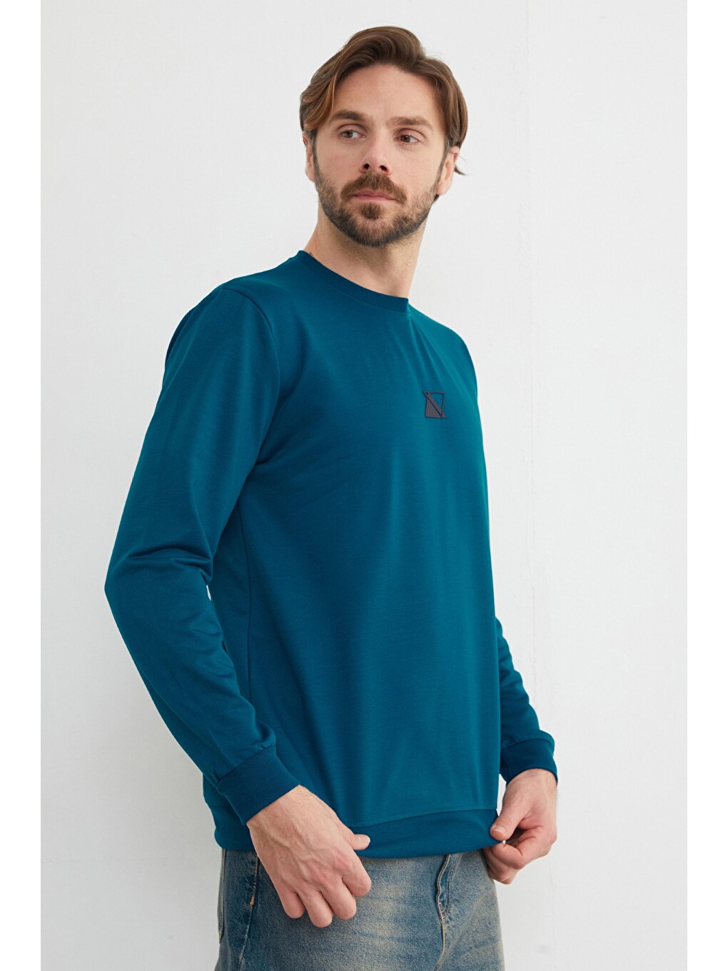 İndigo Üçgen Baskılı Bisiklet Yaka Sweatshirt-2