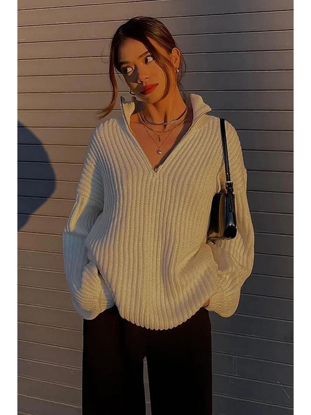 Beyaz Kemik Fermuar Yaka Basic Kazak Mg1960-2