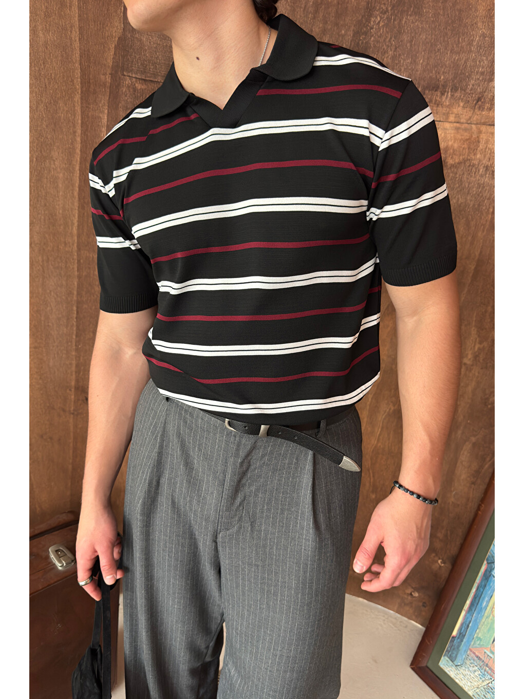 Siyah Erkek Polo Yaka Çizgili Triko T-shirt